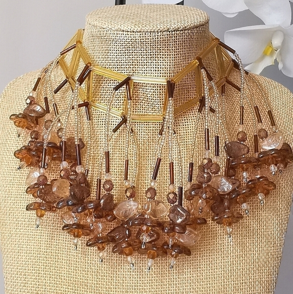 Nwt Czech Amber glass flower cascade choker necklace - Picture 1 of 8